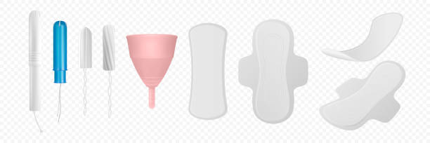 ilustraciones, imágenes clip art, dibujos animados e iconos de stock de vector 3d productos de higiene menstrual realistas - tampón, tampón con aplicador, copa menstrual y conjunto de iconos de toallas sanitarias primer plano aislado. iconos de higiene femenina - compresas sanitarias, tampones, taza - tampon menstruation applicator hygiene