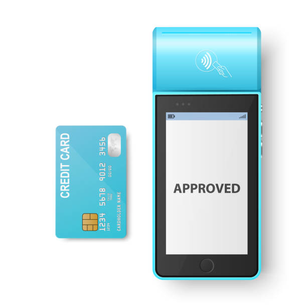 istock Vector 3d Blue NFC Payment Machine with Approved Status and Blue Credit Card. Wi-fi, Wireless Payment. POS Terminal, Machine Design Template of Bank Payment Contactless Terminal, Mockup. Top View 1486672658