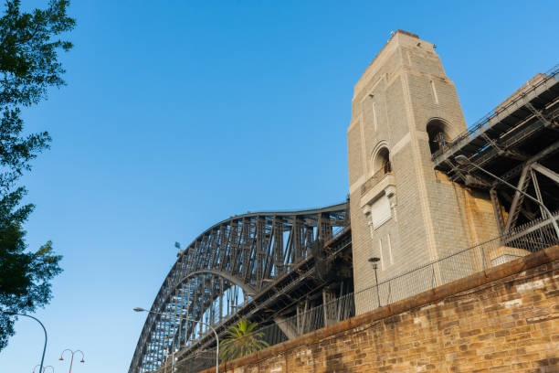 istock Sydney Harbour Bridge and stone pier from low point of view 1486672722