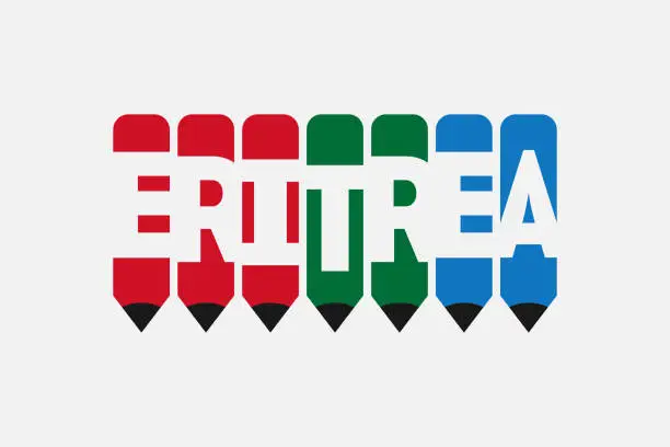 Vector illustration of Eritrea text with Pencil symbol creative ideas design. Eritrea flag color concept vector illustration. Eritrea typography negative space word vector illustration. Eritrea country name vector design.