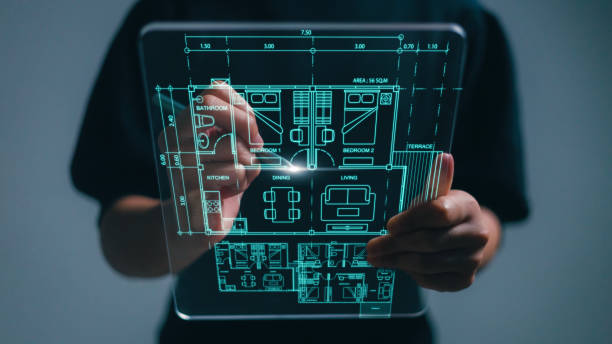 istock Architect showing new house project on the futuristic virtual interface screen. 1486681407