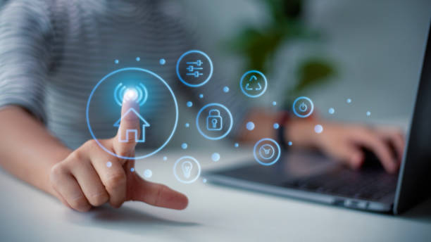 istock Smart Home concept. View of a Home button of a technology interface surrounded by application technology app concept. 1486681425