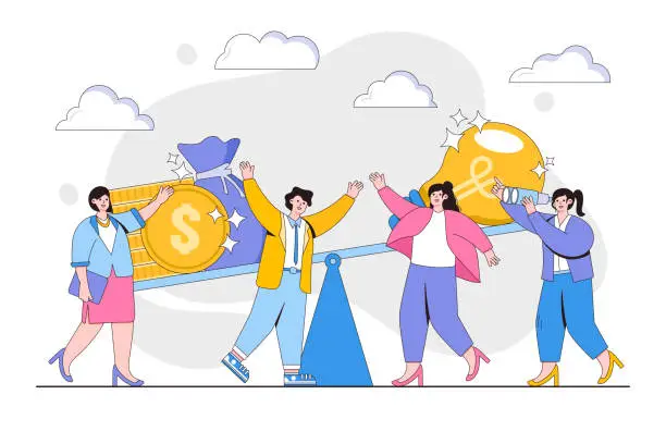 Vector illustration of Overweight, value, purchase concept. Groups of people put money into an idea on a swing and outweighs it. Outline design style minimal vector illustration for landing page, web banner, infographics