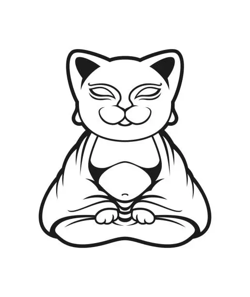Vector illustration of Meditating Cat Buddha Monk Cut Out Silhouette - vector character mascot