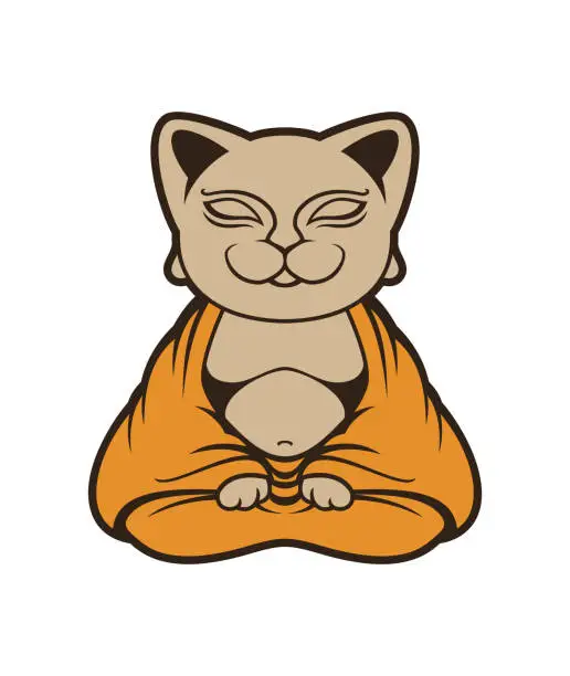 Vector illustration of Meditating Cat Buddha Monk - vector character mascot