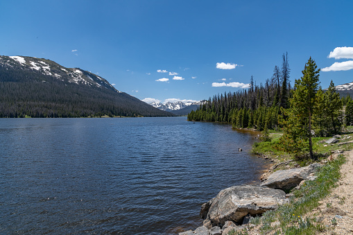 Large fresh water lake in northern Colorado above Rocky Mountain National Park in western USA, North America.