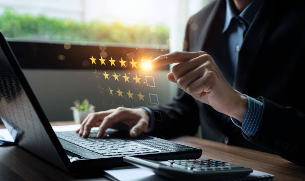 istock Customer review satisfaction feedback survey concept. Business people rate service experience and product quality or staff friendliness and overall value for the price. information, amend,  improve 1486688821