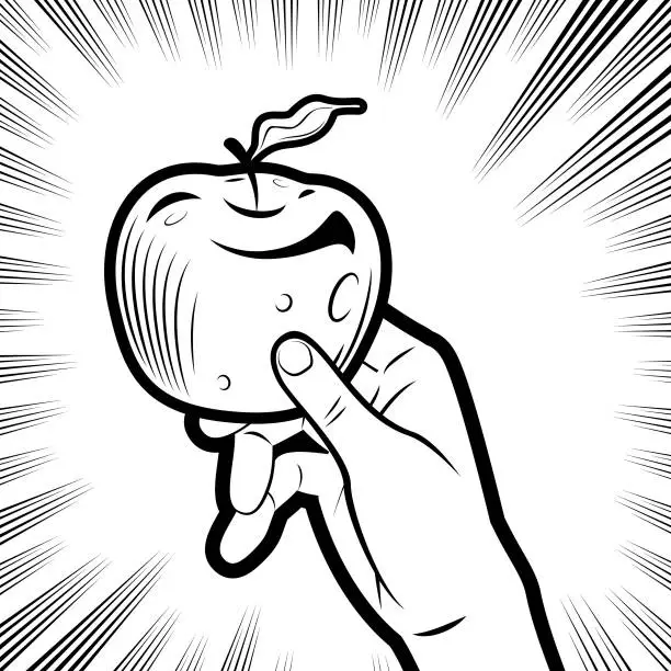 Vector illustration of A hand holding an apple in the background with radial manga speed lines