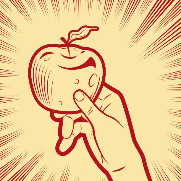 Vector illustration of A hand holding an apple in the background with radial manga speed lines