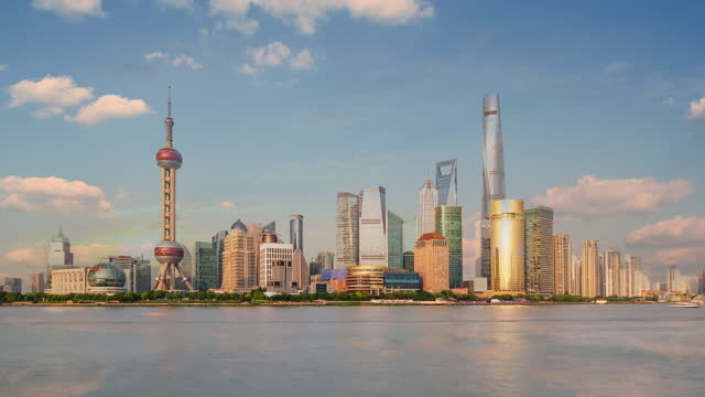 Shanghai skyline time lapse at Pudong district on a sunny day.