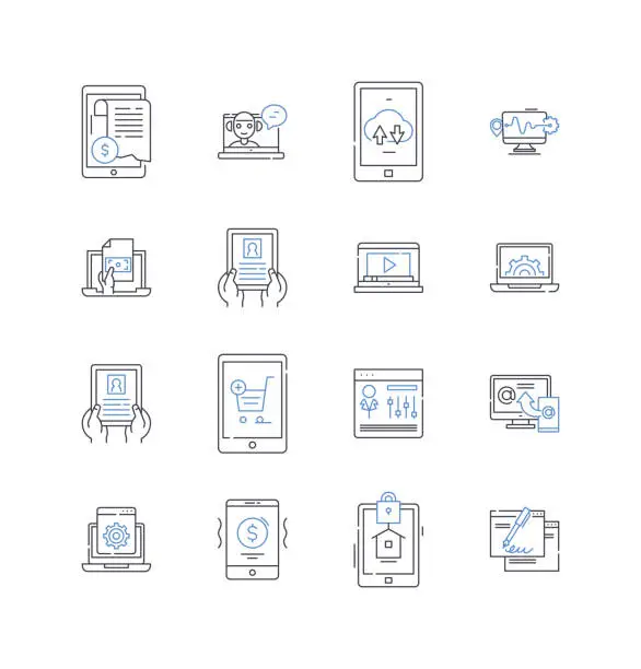 Vector illustration of Technologies line icons collection. Robotics, AI, Virtual Reality, Augmented Reality, Nanotechnology, Automation, Cryptocurrency vector and linear illustration. Blockchain,Machine Learning,Biotechnology outline signs set