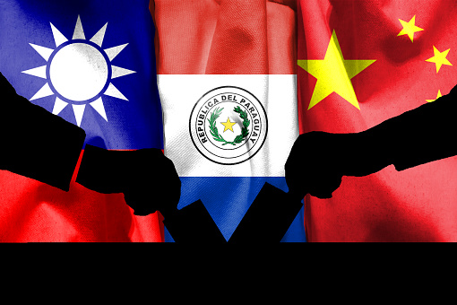 China flag and Taiwan flag combined with Paraguay flag and election vote silhouette. Describe the election situation and results in Paraguay. Basemap and background concept. Double exposure hologram.