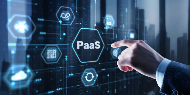 인터페이스 paas, 서비스로서의 플랫폼 (platform as a service)에서 버튼을 누르십시오. 인터넷 및 네트워킹 개념 - paas 뉴스 사진 이미지