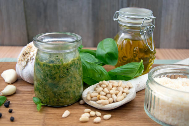 istock Pesto ingredients, oil, parmesan, pine nuts, garlic, basil 1486705197