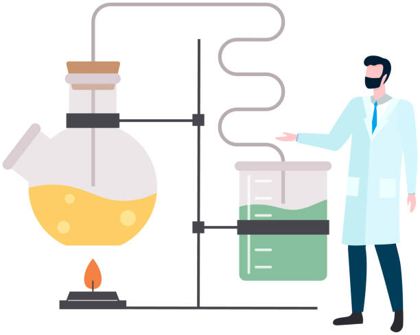 ilustrações de stock, clip art, desenhos animados e ícones de male scientist makes laboratory analysis with equipment. biologist conducting scientific experiment - science botany chemistry formula
