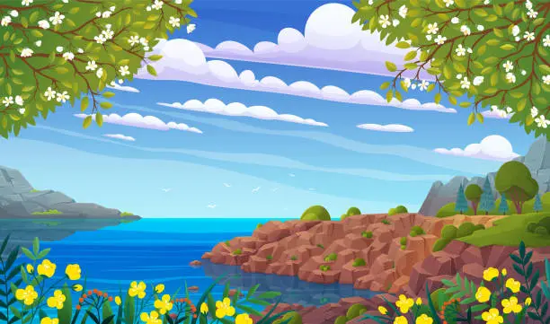 Vector illustration of Seascape with rocks in spring season. Outdoor recreation place with coastline view and flowers