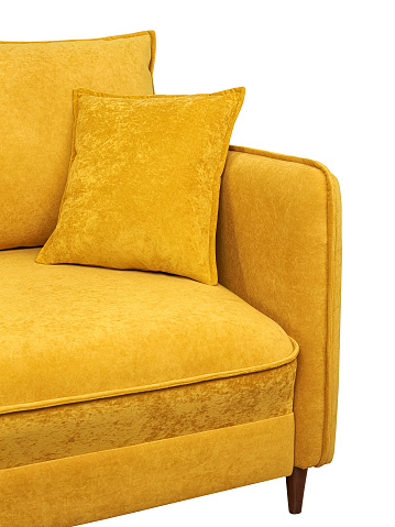 Close-up of a modern upholstered sofa with a yellow fabric cushion. Isolated on white background.
