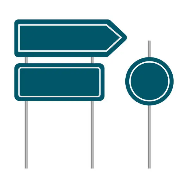 Vector illustration of sign Road are empty. Mark location. Road signs are empty different shapes. Signposts on poles. Vector illustration.