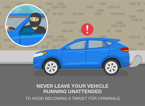 Car theft safety tips. Never leave vehicle running unattended to avoid becoming a target for criminals. Close-up of thief with a robber mask looks out a front window. Flat vector illustration.