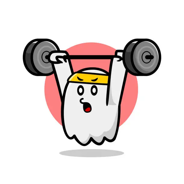 Vector illustration of cute ghost mascot illustration doing weightlifting. illustration of a ghost doing sports.
