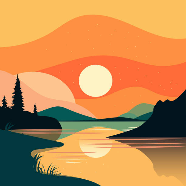 Vector illustration in the style of flat. Sun, mountains, lake and trees.
