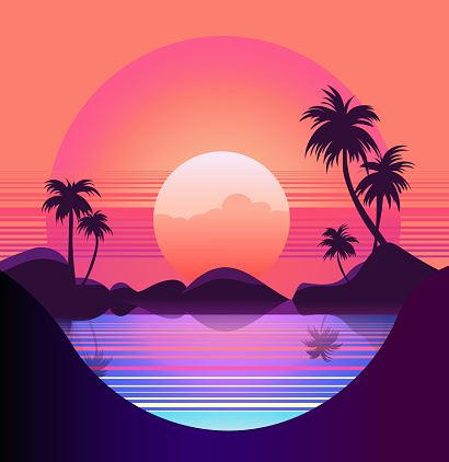 Vaporwave sunset,   80s synthwave styled  landscape with sea, palm trees and sun. Vector illustration in flat style