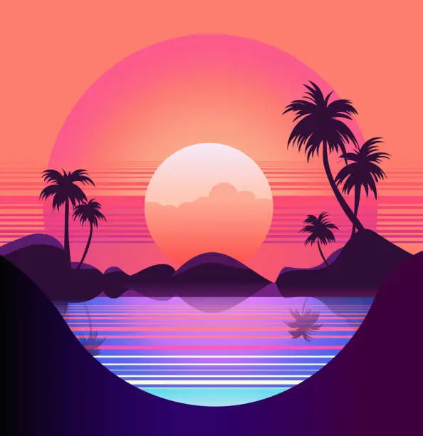 Vector illustration of Vaporwave sunset,   80s synthwave styled  landscape with sea, palm trees and sun. Vector illustration in flat style