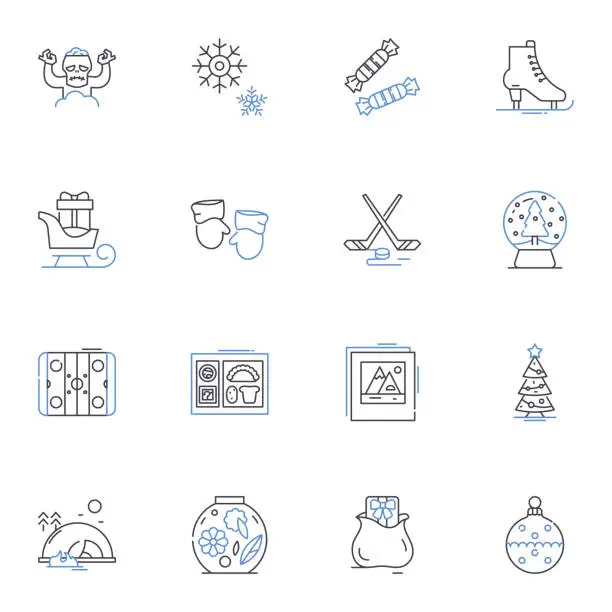 Vector illustration of Arctic line icons collection. Ice, Snow, Polar, Tundra, Aurora, Glacier, Frost vector and linear illustration. Permafrost,Endurance,Survival outline signs set