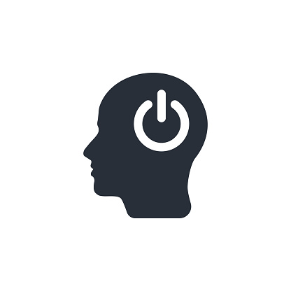 Icon of man's head and power button. Concept of thinking or action start. Vector Illustration. Human head with Power off sign silhouette black vector illustration.