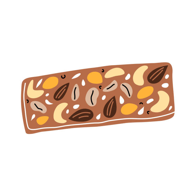 Granola bar icon, vector doodle illustration of homemade vegan snack, healthy enriched food with nuts and seeds, high protein Granola bar icon, vector doodle illustration of homemade vegan snack, healthy enriched food with nuts and seeds, high protein oat and cashew bar, isolated colored clipart on white background homemade protein bars stock illustrations
