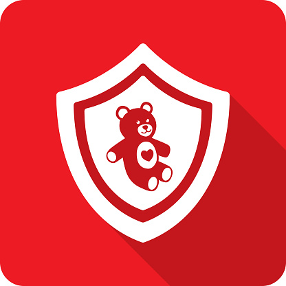 Vector illustration of a shield and stuffed animal bear with heart icon against a red background in flat style.