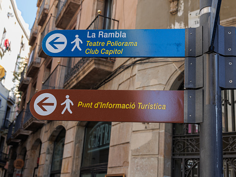 Signs Showing Touristic Directions for Pedestrian Routes in Barcelona, Spain.