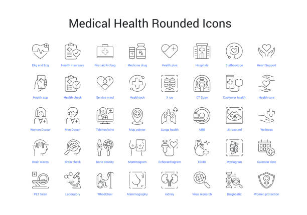 Dark grey color Medical Health Rounded Icons Bold Stroke Set is designed with suitable visuals for all medical and healthcare diagnostic aid stock illustrations