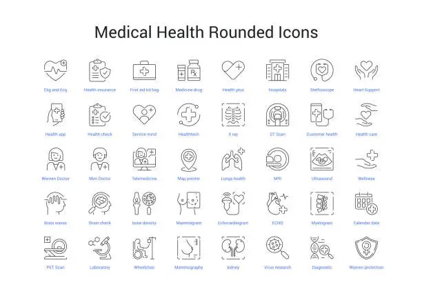 Vector illustration of Dark grey color Medical Health Rounded Icons Bold Stroke