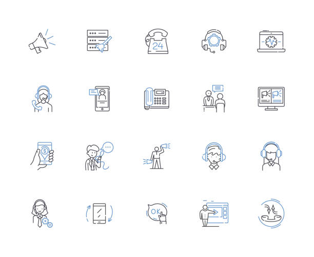 ilustrações de stock, clip art, desenhos animados e ícones de voice communication line icons collection. talk, speak, communicate, conversation, dialogue, chat, voice vector and linear illustration. t,pitch,diction outline signs set - conference phone