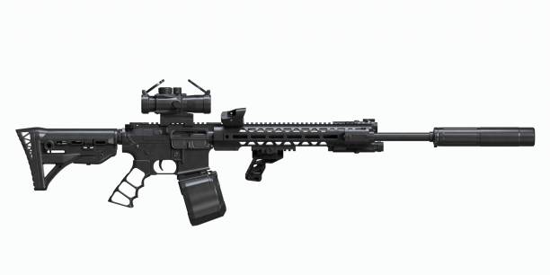 istock Machine Gung M4A1 weapon on White Background. Modern automatic rifle isolated on white background. Weapons for police, special forces and the army. Automatic carbine. Assault rifle on white back. Gun Violence. Gun Control. Shooting 1486719997