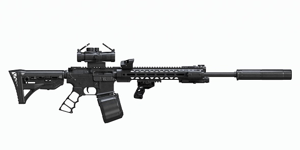 Machine Gung M4A1 weapon on White Background. Modern automatic rifle isolated on white background. Weapons for police, special forces and the army. Automatic carbine. Assault rifle on white back. Gun Violence. Gun Control. Shooting