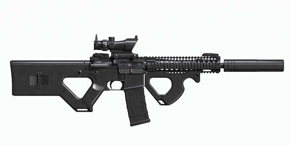 Machine Gung M4A1 weapon on White Background. Modern automatic rifle isolated on white background. Weapons for police, special forces and the army. Automatic carbine. Assault rifle on white back. Gun Violence. Gun Control. Shooting