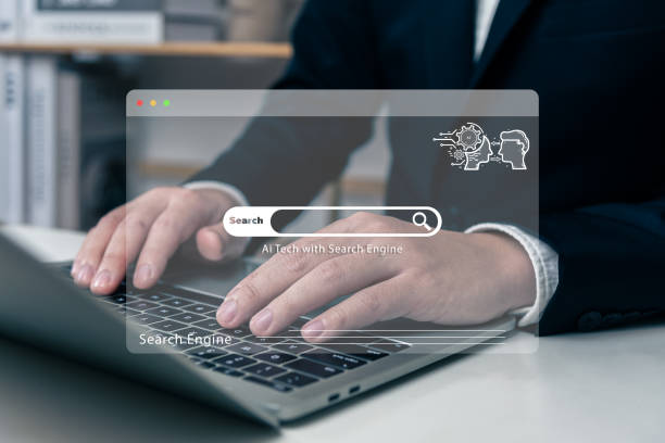 istock Search engine with AI tech concept, chatbot, businessman using laptop connecting to AI, use command prompt for generates idea something or fast solve problems, digital transformation, SEO. 1486721709