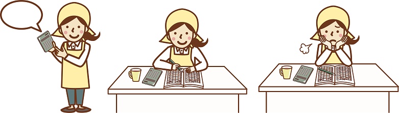 A set illustration of a woman in an apron who does calculations. Comments, smiles, sighs.