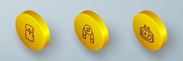 Set Isometric line Refrigerator Magnet and Tee plug electric icon. Vector.