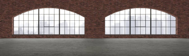 istock Empty, loft industrial interior. Red brick walls and big windows. Interior concept background . 3d Render 1486723629