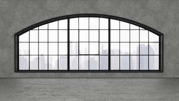 istock Empty, loft industrial interior. Concrete walls, floor and big windows. Interior concept background . 3d Render. 1486723685