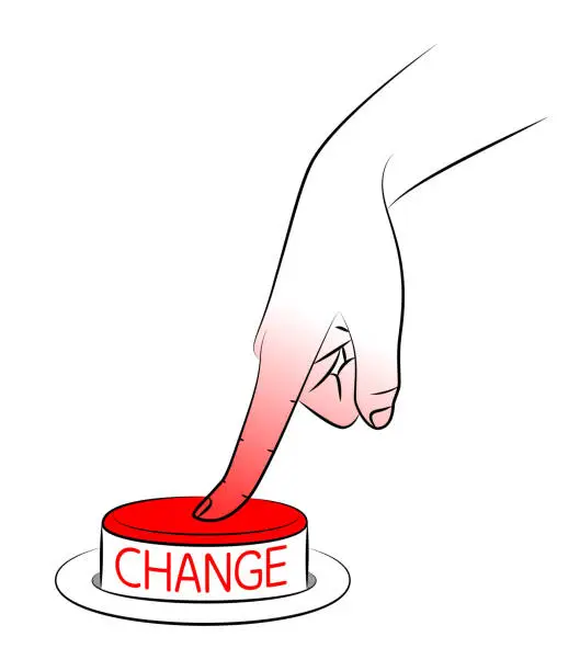 Vector illustration of Finger presses CHANGE button. Personal development and career growth. Readiness for changes in life. Decision to start a new life. Concept of change management. Sketch, editable linear contour drawing