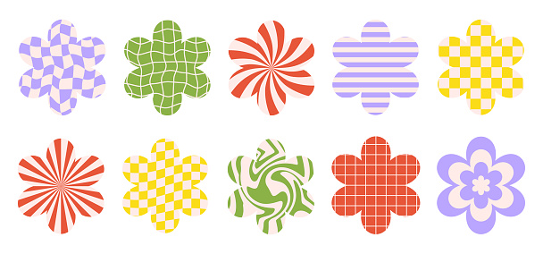 Vector set flowers icons with different colorful backgrounds isolated on a white background. Retro illustration in groovy style 60s, 70s.