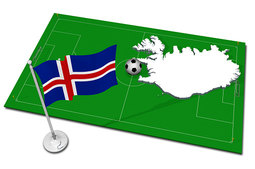 Iceland. National flag with soccer ball in the foreground. Sport football - 3D Illustration