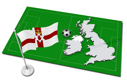 Northern Ireland. National flag with soccer ball in the foreground. Sport football - 3D Illustration
