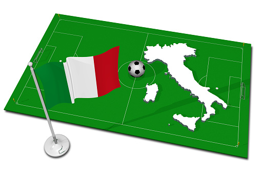 Italy. National flag with soccer ball in the foreground. Sport football - 3D Illustration