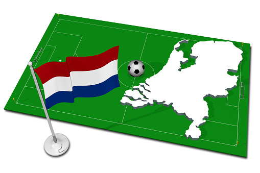 Netherlands. Holland. National flag with soccer ball in the foreground. Sport football - 3D Illustration