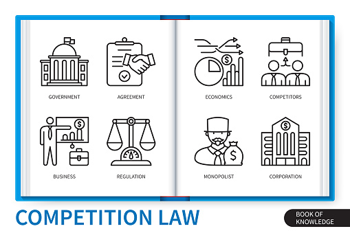 Competition law infographics elements set. Government, competitors, corporation, regulation, agreement, monopolist, business, economics. Web vector linear icons collection
